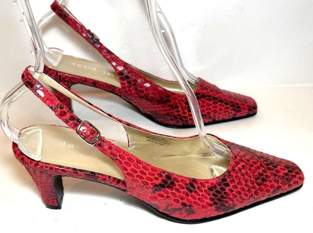 David Tate Women’s 9M Red Snakeskin Embossed Leather Slingback Pumps Heels